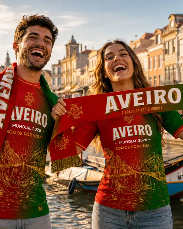 Adeptos com a camisola e o cachecol oficiais da Fan Zone Aveiro 2026 nos canais de Aveiro